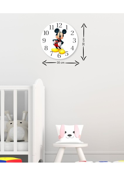 Yuvarlak Dekoratif Ahşap Baskılı Mickey Mouse ( Miki Fare ) Çocuk Odası Duvar Saati 30*30 Çok Renkl