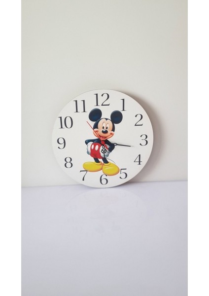 Yuvarlak Dekoratif Ahşap Baskılı Mickey Mouse ( Miki Fare ) Çocuk Odası Duvar Saati 30*30 Çok Renkl