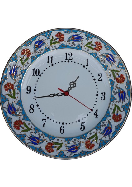 Modern Armada Cini Prt 64 25 cm Mavi Altın Yaldızlı Lale Karanfil Desenli Porselen Cini Saat 34 x 3