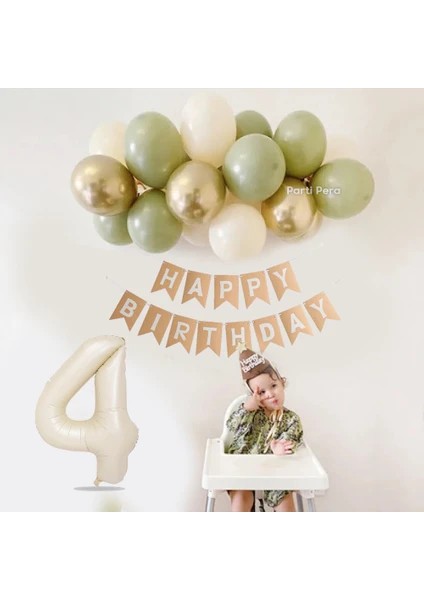 Yaş Günü Seti Küf Yeşili Deniz Kumu Krom Gold Pastel Balon Bej Krem Rakam Folyo Balon Zinciri Seti