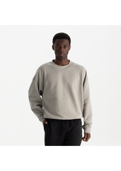 Erkek Gri %100 Organik Pamuk Bisiklet Yaka Oversize Sweatshirt