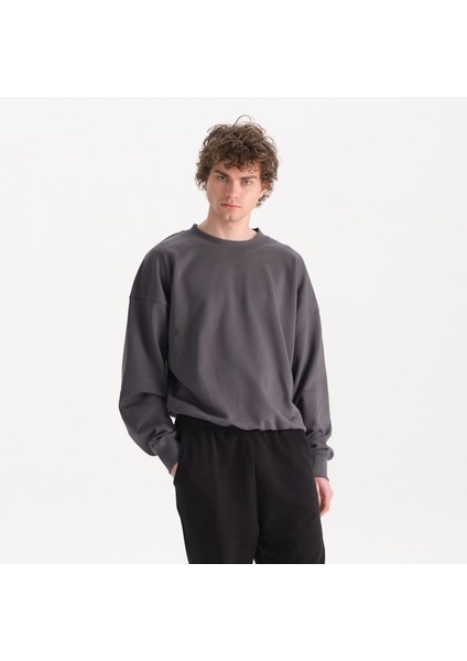 Erkek Füme %100 Organik Pamuk Bisiklet Yaka Oversize Sweatshirt