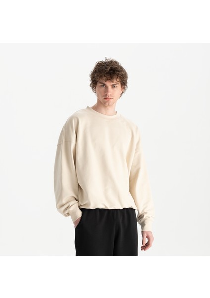 Erkek Bej %100 Organik Pamuk Bisiklet Yaka Oversize Sweatshirt