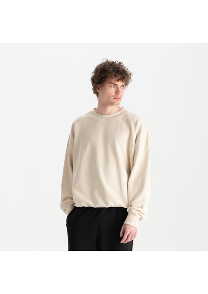 Erkek Bej %100 Organik Pamuk Bisiklet Yaka Oversize Sweatshirt