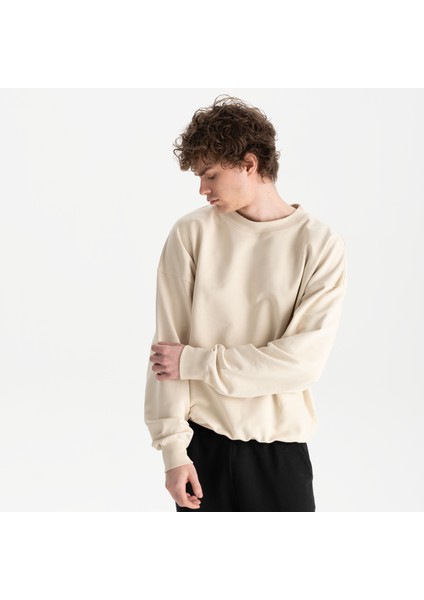 Erkek Bej %100 Organik Pamuk Bisiklet Yaka Oversize Sweatshirt