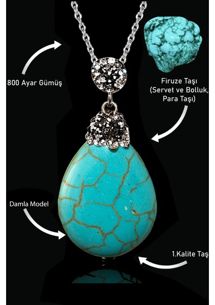 Sertifikalı Xl Zirkon Taşlı Damla Model Firuze Taşı Kolye (Turkuaz Taşı)