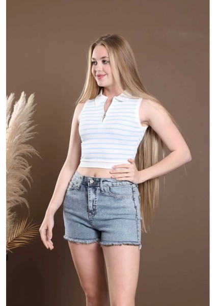 Fermuarlı Polo Yaka Crop