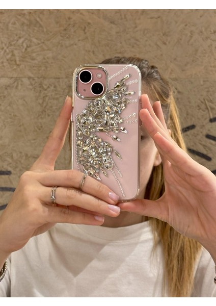 iPhone 15 Uyumlu Gümüş Kristal Taşlı Kelebek Kanadı Desenli Şeffaf Kılıf