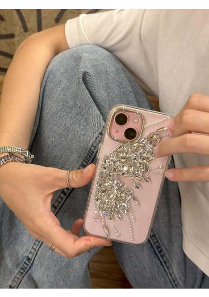 iPhone 15 Uyumlu Gümüş Kristal Taşlı Kelebek Kanadı Desenli Şeffaf Kılıf