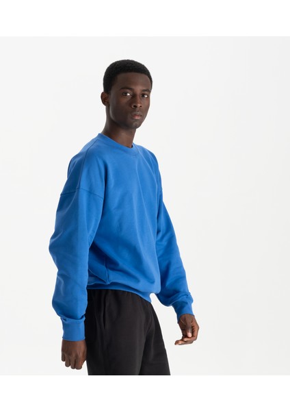 Erkek Mavi %100 Organik Pamuk Bisiklet Yaka Oversize Sweatshirt fiyatları