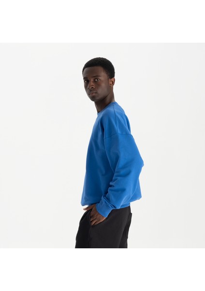 Erkek Mavi %100 Organik Pamuk Bisiklet Yaka Oversize Sweatshirt modelleri
