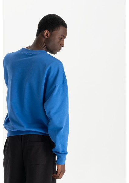 Erkek Mavi %100 Organik Pamuk Bisiklet Yaka Oversize Sweatshirt fırsatları