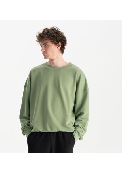 Erkek Yeşil %100 Organik Pamuk Bisiklet Yaka Oversize Sweatshirt