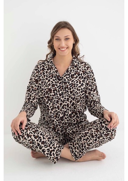 Kadın Gömlek Yaka Uzun Kol Leopar Desenli Pamuklu Pijama Takımı 6007 -1 Adet