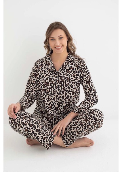 Kadın Gömlek Yaka Uzun Kol Leopar Desenli Pamuklu Pijama Takımı 6007 -1 Adet