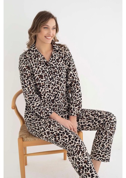 Kadın Gömlek Yaka Uzun Kol Leopar Desenli Pamuklu Pijama Takımı 6007 -1 Adet