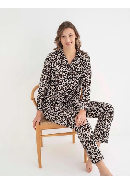 Kadın Gömlek Yaka Uzun Kol Leopar Desenli Pamuklu Pijama Takımı 6007 -1 Adet