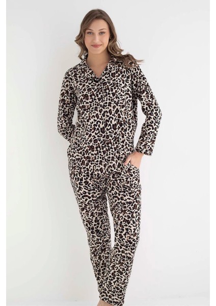 Kadın Gömlek Yaka Uzun Kol Leopar Desenli Pamuklu Pijama Takımı 6007 -1 Adet