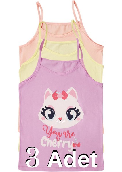 Kız Çocuk Ip Askılı Sevimli Kedi Desenli 3 Lü Atlet Pamuk - Karışık Renkli 3 Adet