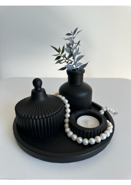 5 Özel Tasarım Mum ve Vazo Dekoratif Set Siyah Seramik