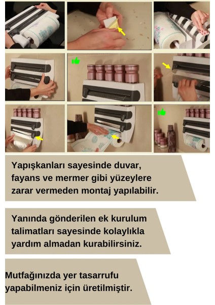 Mutfak Organizer Mutfak Düzenleyici ve Baharatlık - Peçetelik - Folyo, Streç, Kağıt Havlu Kesme Aparatı - Havlu Askısı Dispanser