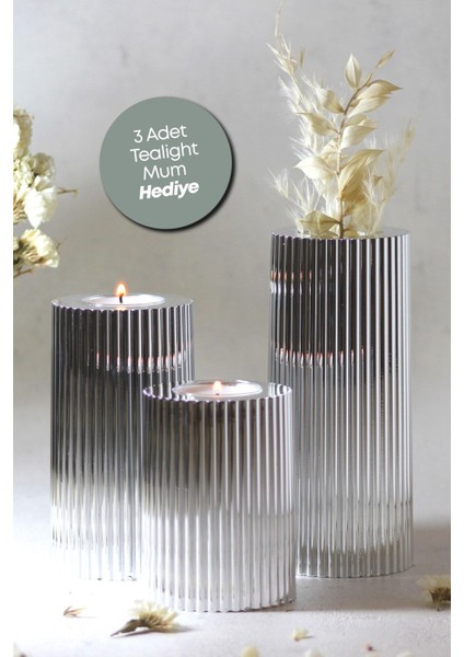 Gümüş 3 Lü Silver Gümüş Krom Tırtıklı Yüzey Mumluk Dekoratif Tealight Set Mum Abs Plastik Gümüş 3