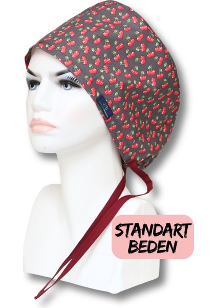 Standart Beden Kiraz Desenli Füme Cerrahi Bone Doktor Hemşire Sağlıkçı Hastane Bonesi