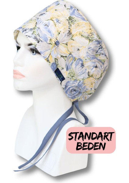 Standart Beden Yağlı Boya Çiçekler Mavi Cerrahi Bone Doktor Hemşire Sağlıkçı Hastane Bonesi