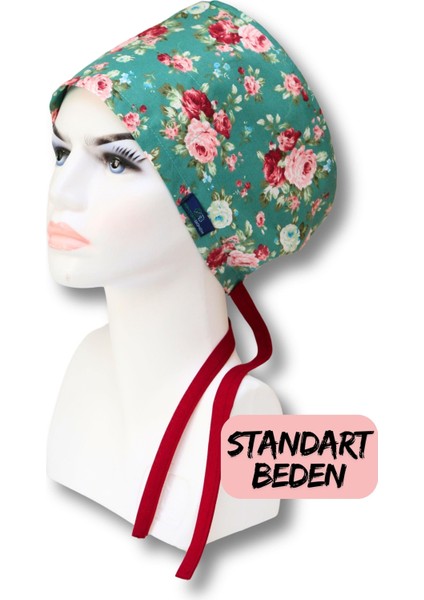 Standart Beden Yeşil Zemin Bordo Güller Desenli Cerrahi Bone Doktor Hemşire Sağlıkçı Hastane Bonesi