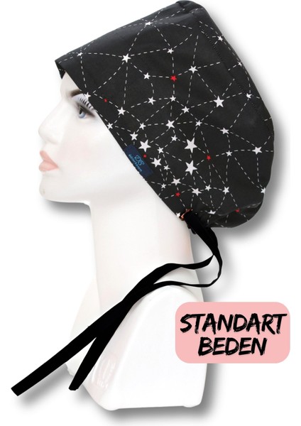 Standart Takım Yıldızı Siyah Desenli Cerrahi Bone Doktor Hemşire Sağlıkçı Bonesi
