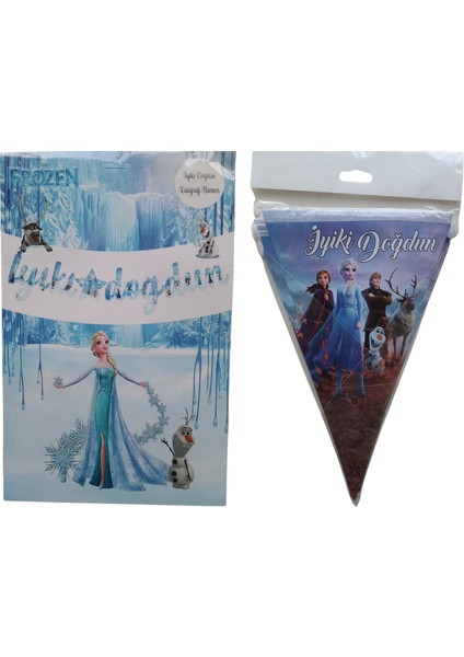 Frozen Elsa Karlar Ülkesi Iyi Ki Doğdun Kaligrafi Banner ve Iyi Ki Doğdun Üçgen Flama