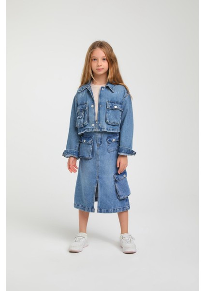Cepli Kız Kot Ceket - Mavi