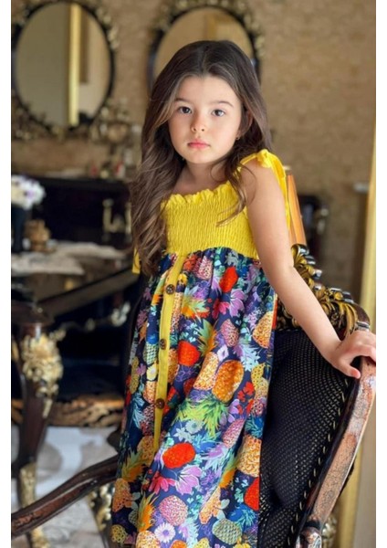 Ananas Desenli Kız Elbise - Sarı