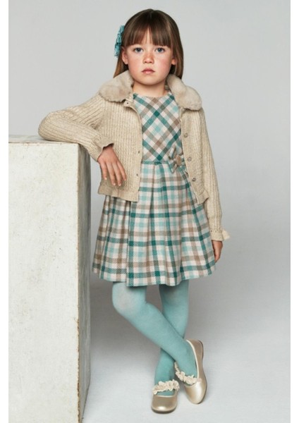 Kız Ekoseli Parlak Kız Elbise - Yeşil