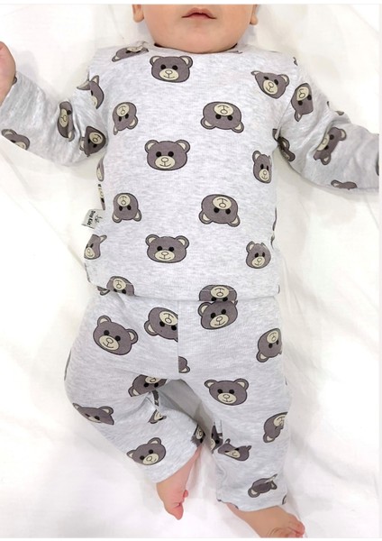 Bebek Pijama Uzun Gri Ayıcık Desen Yenidoğan Çocuk Pijama