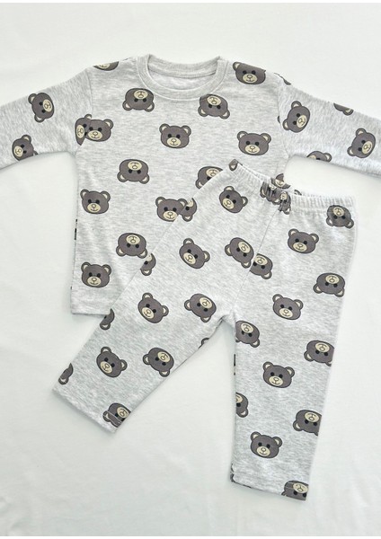 Bebek Pijama Uzun Gri Ayıcık Desen Yenidoğan Çocuk Pijama