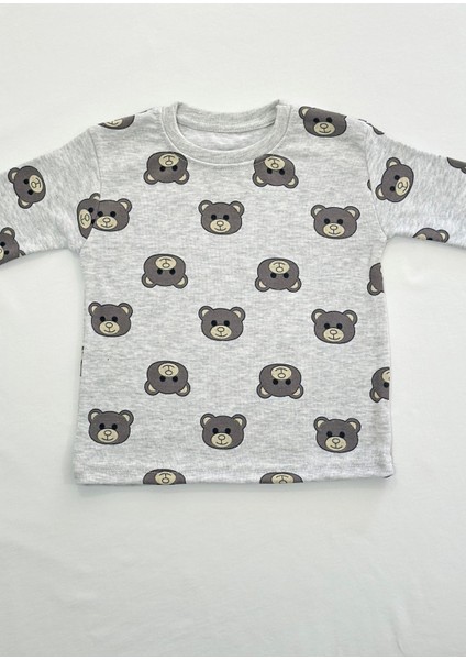 Bebek Pijama Uzun Gri Ayıcık Desen Yenidoğan Çocuk Pijama