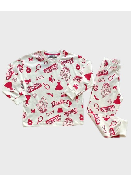 Barbie Kız Pijama Takımı - Ekru