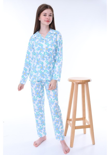 Çiçek Desenli Düğmeli Kız Pijama Takımı - Açık Mavi