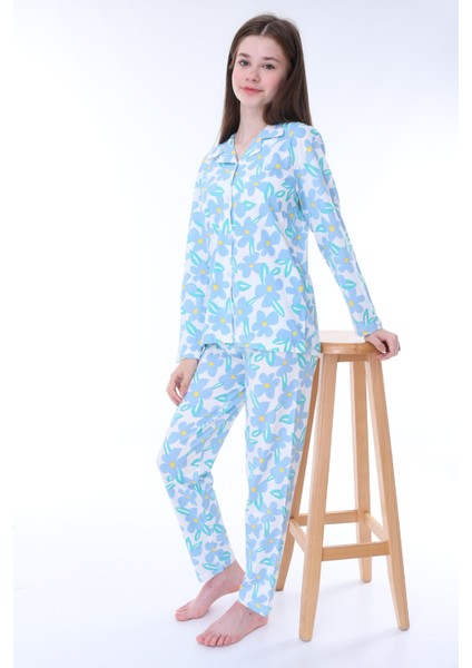 Çiçek Desenli Düğmeli Kız Pijama Takımı - Açık Mavi fiyatları
