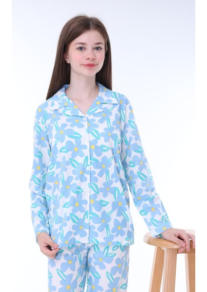 Çiçek Desenli Düğmeli Kız Pijama Takımı - Açık Mavi modelleri