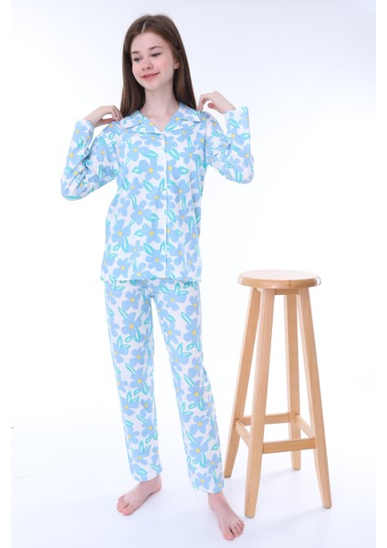 Çiçek Desenli Düğmeli Kız Pijama Takımı - Açık Mavi fırsatları