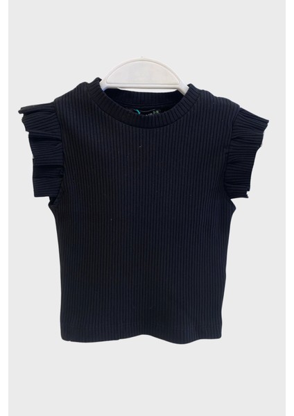 Kolları Fırfırlı Tişört - Siyah