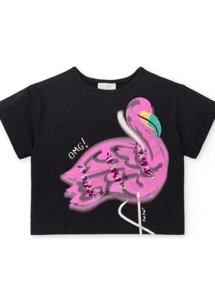 Flamingo Baskılı Tişört - Siyah