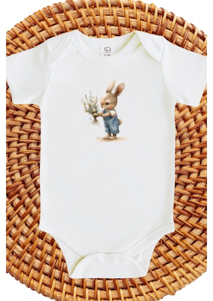 Çiçekli Tavşan Tasarımlı Bebek Zıbın Floral Rabbit Design Baby Bodysuit