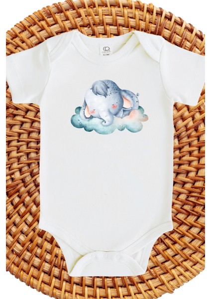 Uyuyan Fil Tasarımlı Bebek Zıbın Sleeping Elephant Design Baby Bodysuit