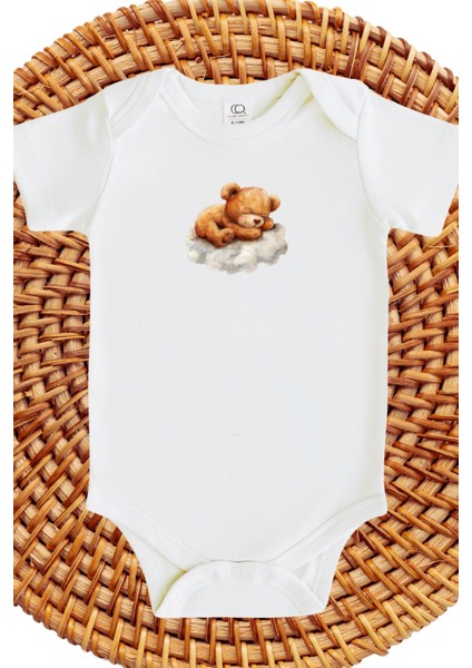 Bulutların Üstünde Uyuyan Ayıcık Tasarımlı Bebek Zıbın Baby Bodysuit with Teddy Bear Design Sleeping on the Clouds