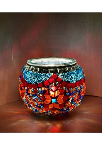 Çok Renkli Mozaik Mumluk Otantik Bohem 10 x 10 1 Parça Cam