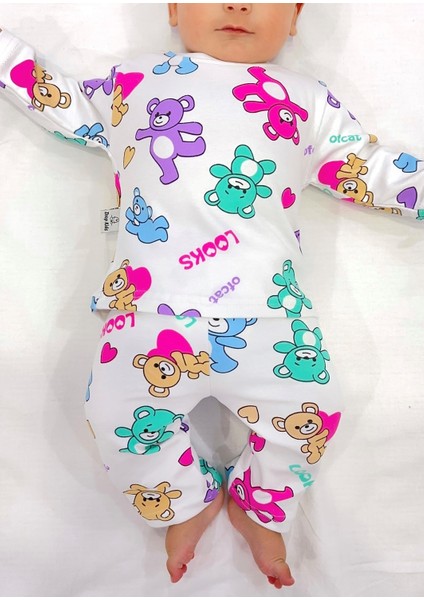 Bebek Pijama Takımı Renkli Ayıcık Desen %100 Pamuk Yenidoğan Çocuk Pijama
