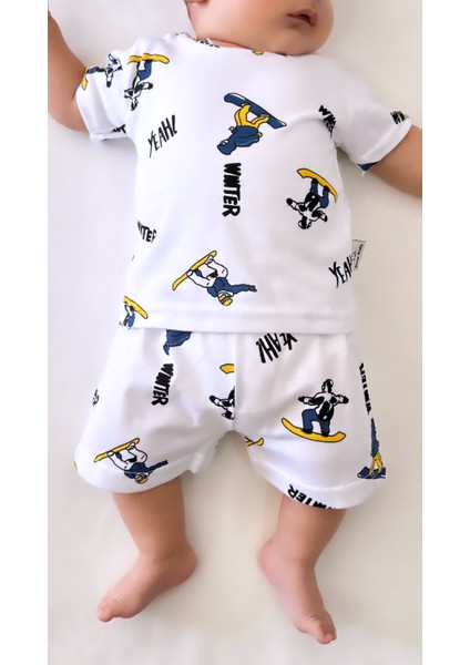 Bebek Pijama Takımı Kısakol Şort Kaykay Desen %100 Pamuk Yenidoğan Çocuk Pijama